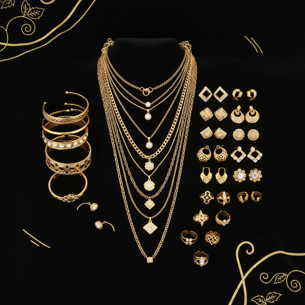 17 MILE 78 Pieces Gold Jewelry Set for Women – Necklace, Bracelet, Earrings & Knuckle Rings