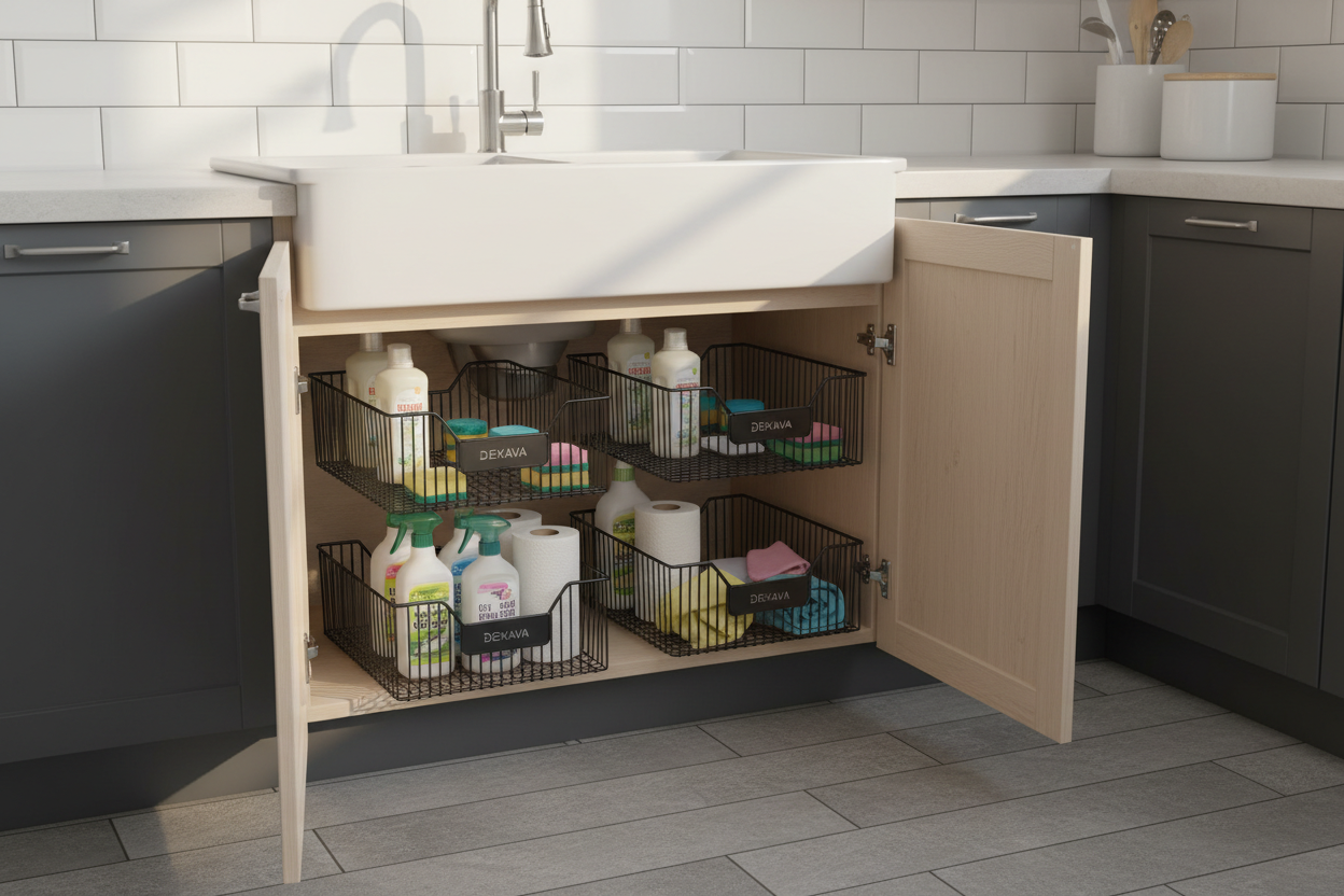 DEKAVA Under Sink Organizer 2 Pack – 2 Tier Sliding Cabinet Basket Organizer (Black)