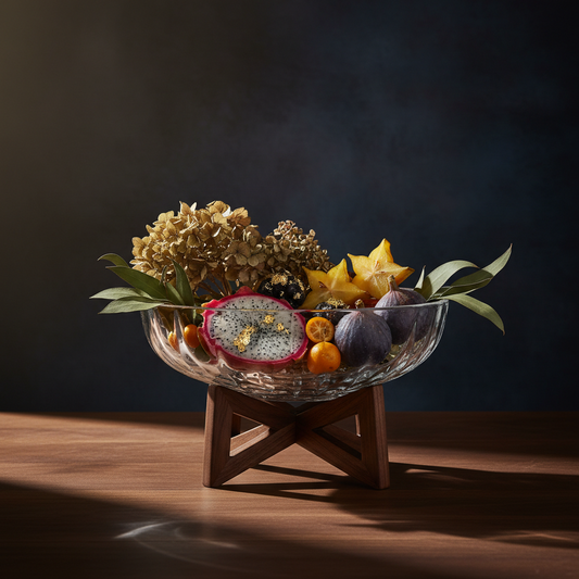 Luxury Glass Serving Bowl with Wooden Stand – Modern Fruit & Snack Bowl (1 Pc)