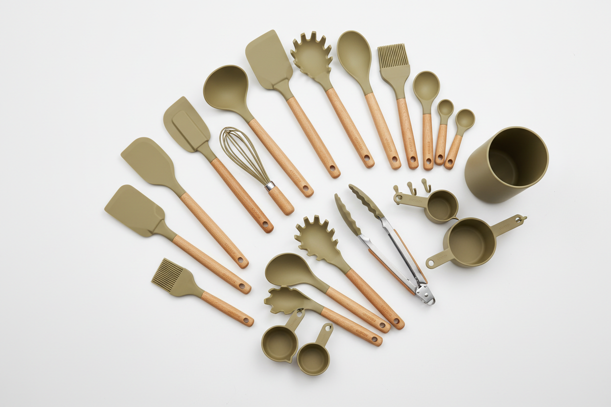 Umite Chef 33-Piece Silicone Kitchen Utensils Set with Holder – Khaki