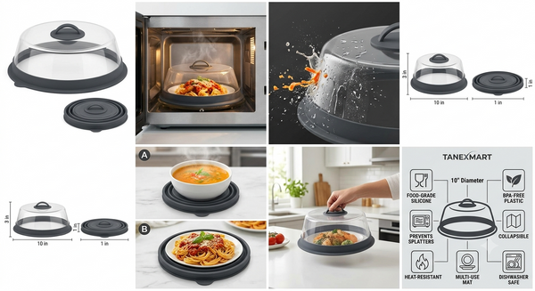 10-Inch Microwave Food Cover & Collapsible Silicone Mat | Splatter Guard & Plate Holder
